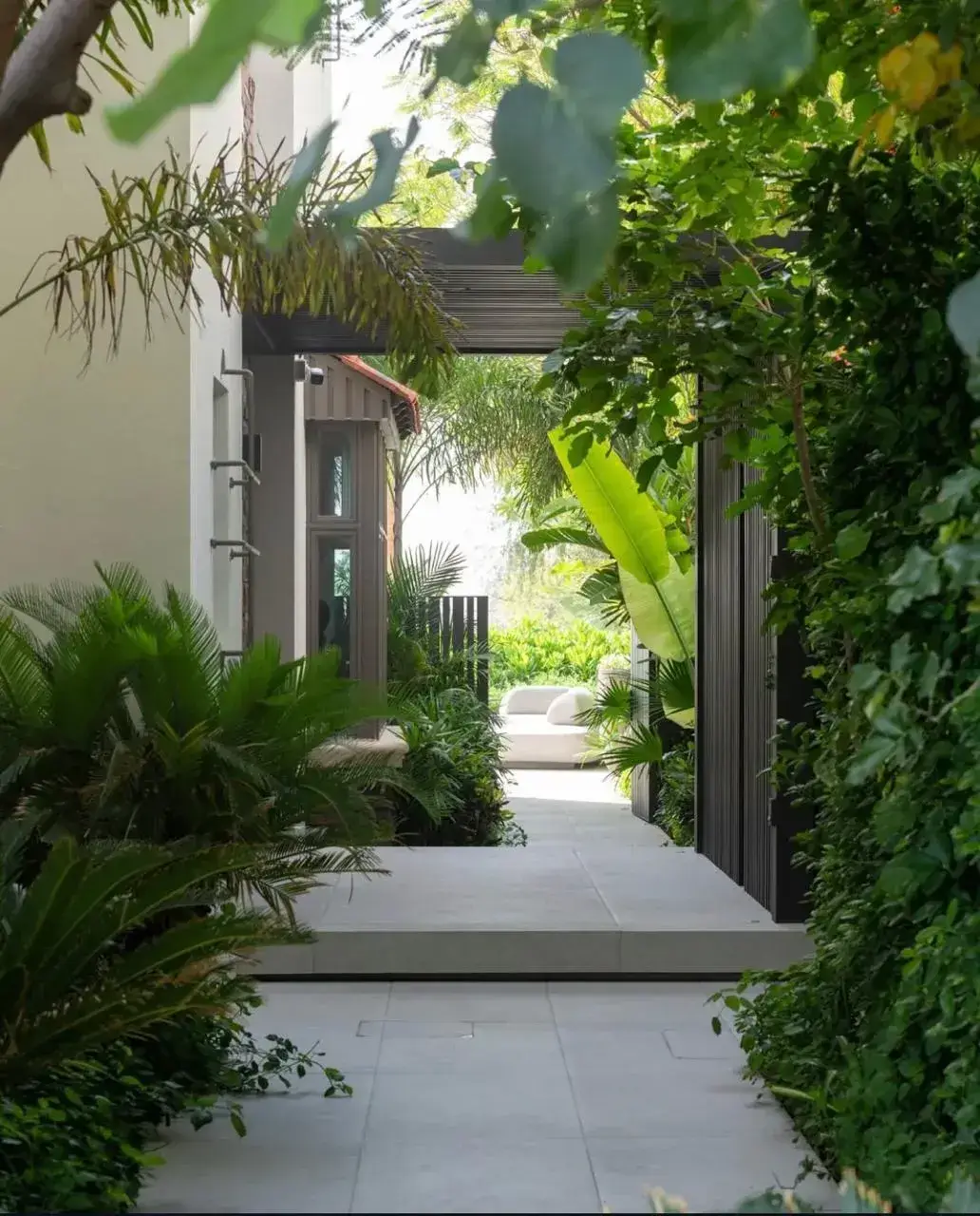 Contemporary garden walkway surrounded by tropical greenery and architectural planting in a modern Dubai villa. Designed by Reshape Landscaping and Design, a British-owned landscaping company in Dubai specialising in luxury garden design and modern outdoor transformations.