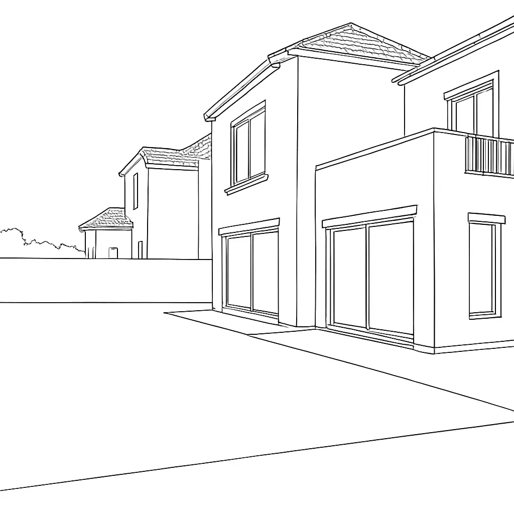Detailed CAD line drawing of a modern two-storey villa in Dubai, showing large sliding doors, tiled rooflines, and clean architectural geometry — a landscape design plan foundation created by Reshape Landscaping Dubai.